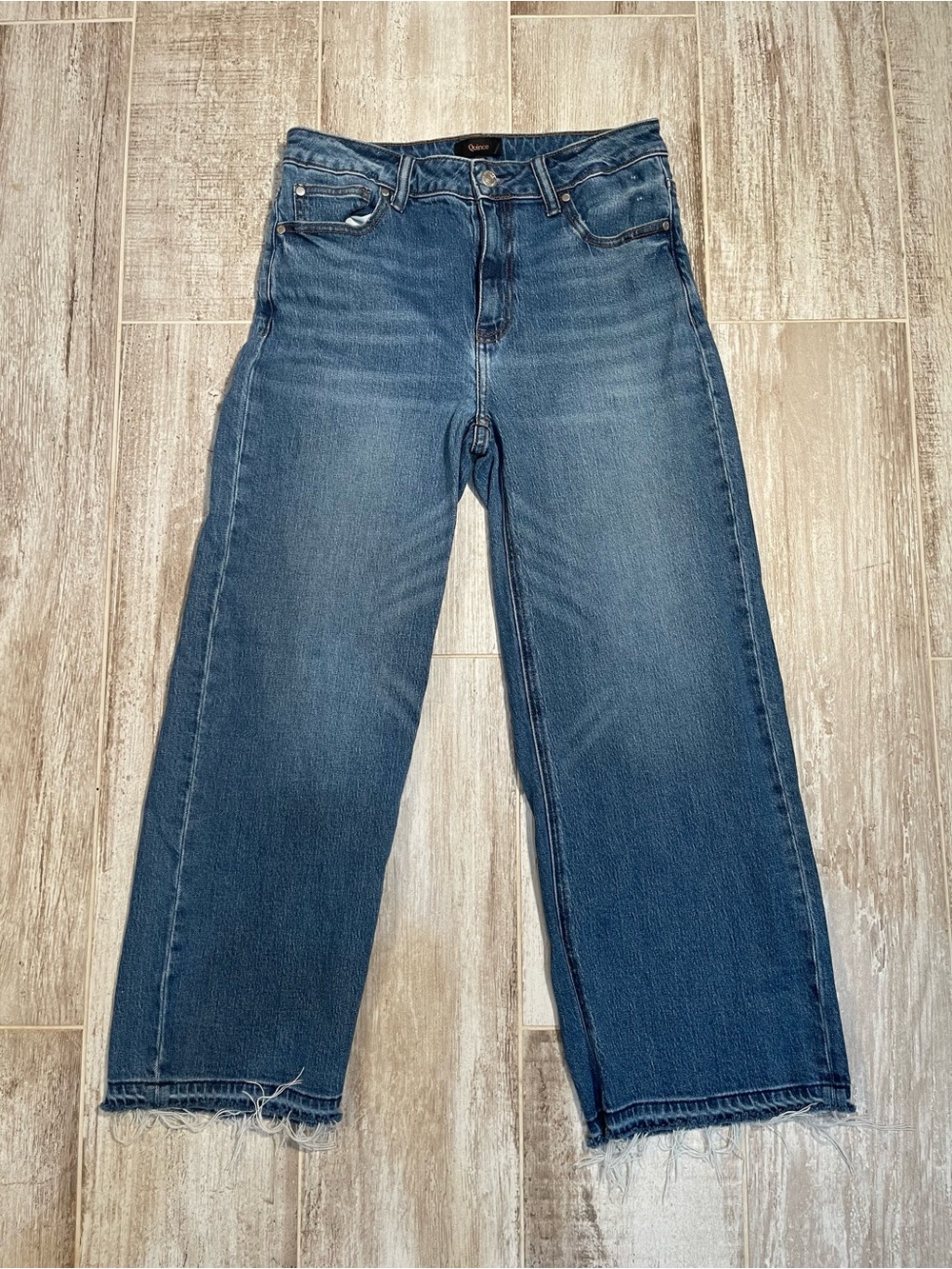 Quince Jeans Women's 26 Bella Stretch Relaxed Straight Atlantic Blue Raw Hem